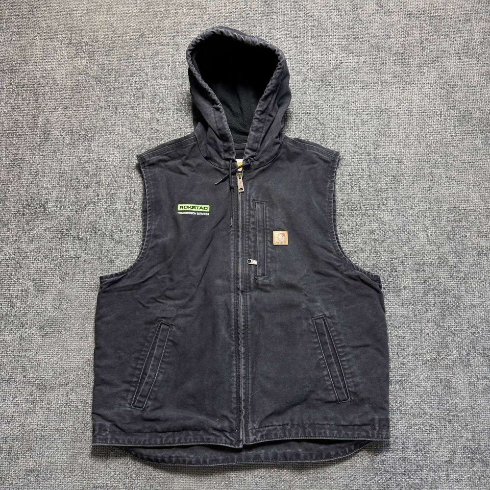 Carhartt Hooded Vest Mens L Black Washed Duck Canvas Fleece Lined 101687-001